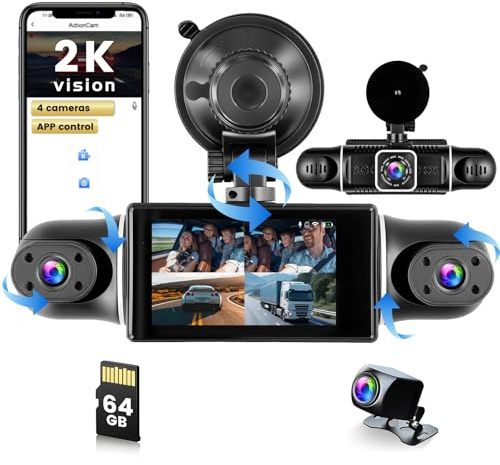 Hikity Dashcam 4 Canaux WiFi 2K 1080P Carte 64 Go | G-Sensor. Vision Nocturne. Surveillance Stationnement. Protection 360°. Enregistrement en Boucle