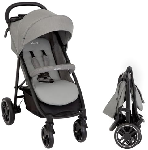 Graco Buggy EezeFold DLX | leichter Reisebuggy mit Einhand-Faltmechanismus, 4-Rad-Federung, flacher Liegeposition & großem Korb - Lunar Grau
