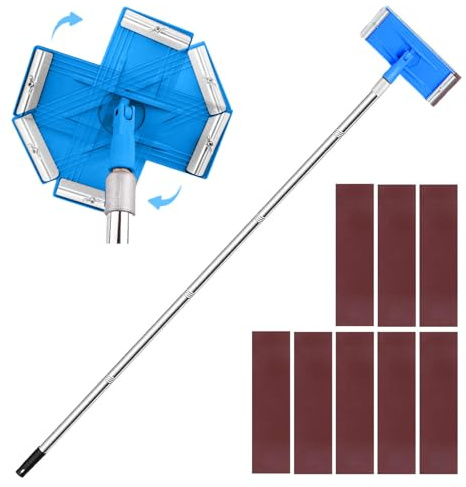 inislink Ponceuse sur poteau pour cloison sèche avec tige d'extension de 180 cm et 8 feuilles abrasives, rotatives à 360°, outil de ponçage portable pour sols, murs, plafonds