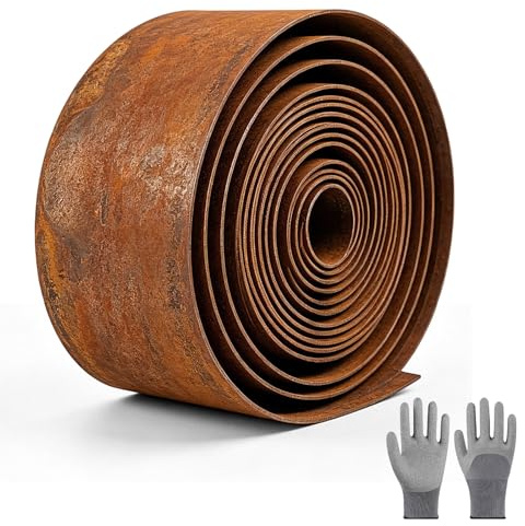 Gräsmatta av väderbeständigt stål, 14 cm hög metall, rabattinfattning, rabattkant med rostutseende, enkel installation, lämplig för trädgårdsgräsmatta, inklusive monteringshandskar (5 m)