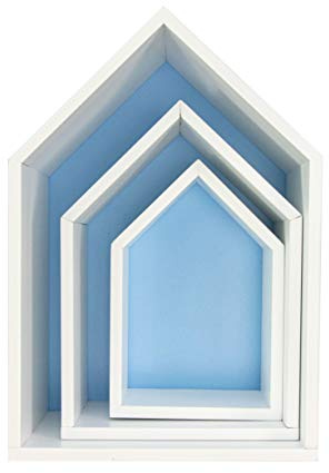 Puckdaddy® Kinder-Regal Elise, Blau, Tonie-Regal | 3er-Set Hausregale, Blau, Haus-Design, Maße H1 31,5×22×15,5 cm, H2 24,5×17×12,5 cm, H3 19,3×13×9,5 cm