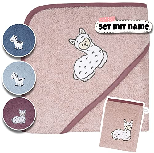 Stickling Baby Kapuzenhandtuch Set mit Waschlappen | Baby Badetuch 80x80 Bestickt mit Namen | Baby Handtuch Kapuzenbadetuch | personalisiert mit Name | Jungen Mädchen (Rosa Lama)