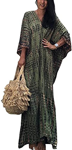 Orshoy Womens Kaftan Full Length Beach Cover Up Maxi Caftan Dress Lougewear Nightdress B-Dark Green