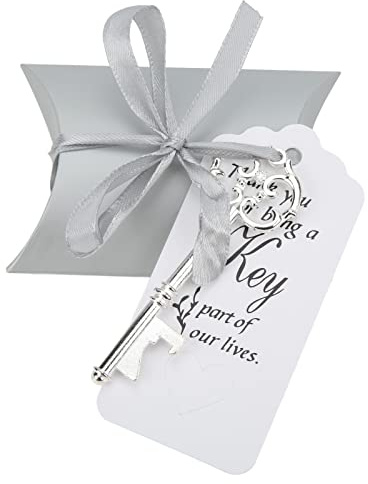Cyrank 50 Stücke Vintage Schlüssel-Flaschenöffner Hochzeit Schlüssel Skelett Schlüssel Flaschenöffner Mit Kissenboxen Und Etikett, Hochzeit Tischdeko Geburtstag Hochzeit Bieröffner