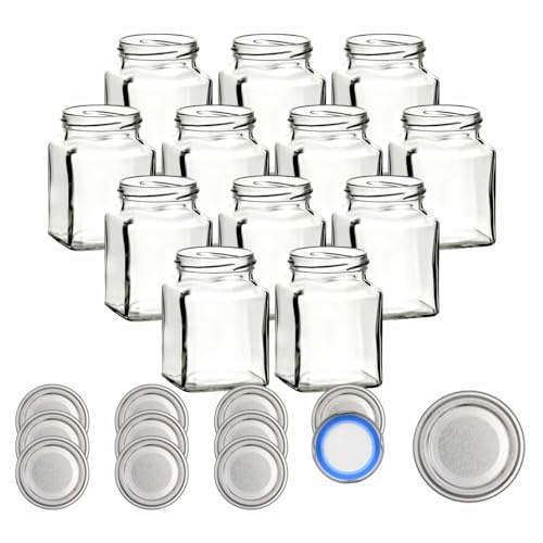 gouveo Lot de 12 bocaux à conserves 314 ml carrés avec couvercle à vis argent BS - Petits bocaux de conservation 0,3 l avec bouchon à vis TO63 - Pots à conserve vides