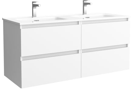 Mueble de baño Bequia 120 cm con Lavabo 100% montado de fábrica | Acabado Blanco Mate suspendido 4 cajones Cierre amortiguado Apertura con uñero | Lavabo 2 pozas Porcelana Blanca | Marca Salgar