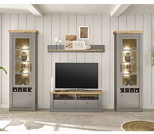 Lomadox Wohnzimmer Möbel Set im Landhaus Stil mit LED Beleuchtung in grau mit Artisan Eiche Nb., B/H/T ca. 322/201/44 cm