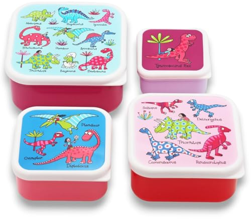 Tyrrell Katz Kids Snack Boxes with Cute Dinosaur Print - Children's 4 Piece Set - Freezer Safe Square Food Storage Containers