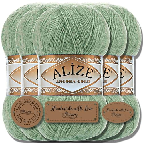 Alize 5 x 100 g Angora Gold stickgarn, turkiskt högkvalitativt garn av ull och akryl, enfärgat, bebisull för virkning/stickning av halsdukar och annat till bebis (Syrenlila | 852)