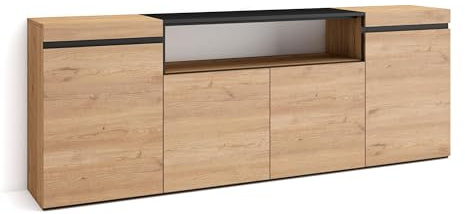 Skraut Home | Sideboard, Highboard | Kommode, Komodenschrank | 200x75x35cm | 4 Türen | Wohnzimmer, Küche | Moderner Stil | Eiche Schwarz