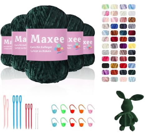 Maxee 500g(5×100g) Samtig Babywolle, Samt Chenille Garn mit Häkelwerkzeuge, Kuschelweich Velvet Chenillegarn Flauschige, Weich Plüschwolle Häkelgarn Wolle zum Stricken & Häkeln