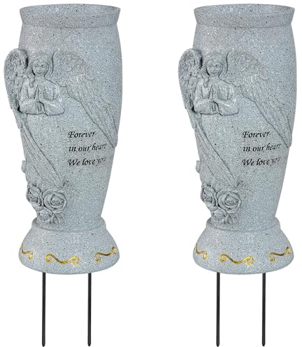 Cemetery Vase, Memorial Grave Vase with Ground Spikes, Angel Vases for Artificial Flowers, Grave Flowers Holder for Cemetery Headstone (2Pcs, Flowers are NOT Included)