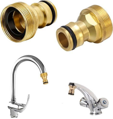 2 Pack Brass Sink Mixer Connector Fitting - Universal Kitchen Tap Adapter for Kitchen, Bathroom, Garden Hose Pipe - 22 & 24mm Threaded
