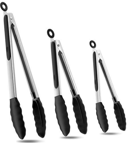 Stainless Steel Cooking Tongs Set of 3 – 7 9 12 Heavy Duty Kitchen Tongs, Heat Resistant Metal Food Tongs for BBQ Grilling Salad Pasta Serving, Dishwasher Safe, Black