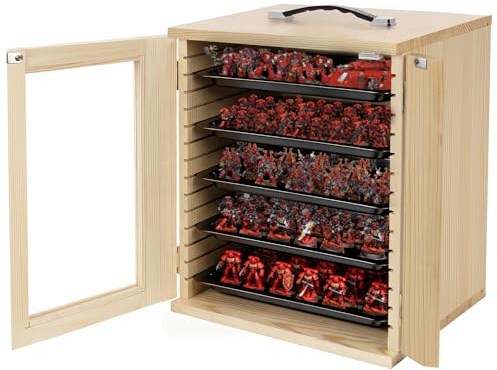 WELIDAY Miniature Storage Case for Collectibles, Miniature Display Cases with Magnetic Door and 6 Trays, Clear View Miniatures Transport Case (Natural Pine)
