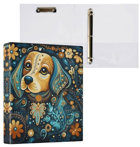 Linnyio Blumenmuster Hund 3 Drei-Ring-Ordner, Klemmbrett-Ordner mit Taschen, Für Schule, Büro, Lehrer