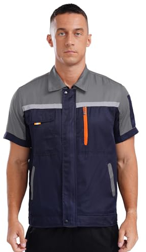 Yhong Chaqueta de trabajo para hombre de manga corta trabajador de fábrica mecánico uniforme chaqueta multifuncional con bolsillos camisa de trabajo reflectante de verano