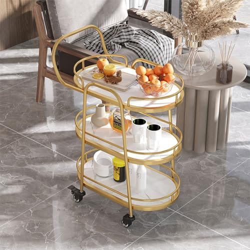 RNQZ Goldene Barwagen mit 3-stöckigen Lagerregalen, Servierwagen auf Rädern im Iron Art-Stil für Küche, Wohnzimmer und Esszimmer