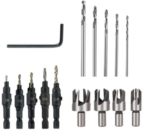 Oiieco 15Pcs Countersink Drill Bit & Plug Cutter Set, Adjustable Woodworking Countersink Drill Bits (#5,6,8,10,12) with 1/4 Hex Shank, Spare Drill Bits & Wrench