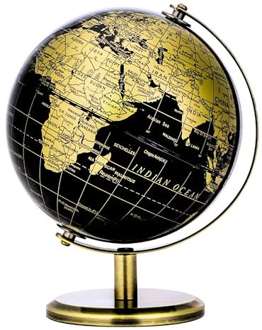EXERZ 14cm Globus Schwarz & Gold, Englische Karte, Mini-Weltglobus für Bildungszwecke – Bronzebogen und Sockel