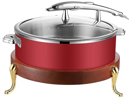 4 Colores Calentador de Comida Electrico Redondo 800W Chafing Dish Electrico de Acero Inoxidable Base de Madera de Teca con Panel de Control Inteligente(Red)