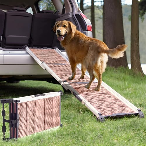 Dog Ramp for Car - Stable Anti-Slip Dog Car Ramp for Large Dogs - 63 Long & 15 Wide - 250LBS Capacity - Telescoping Pet Ramp - Lightweight - Reflective Sides - Fixing Clip - Desert Sand