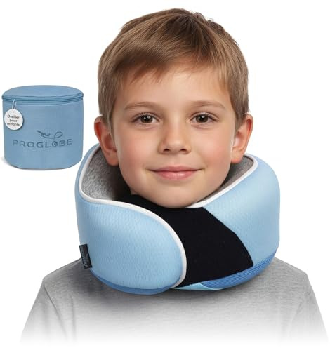 Proglobe Junior Kids Travel Neck Pillow - Ergonomic Memory Foam Pillow for Airplane, Car, Booster Seat - Soft, Washable, Compact Travel Pillow with Strap - Light Blue - Ages 4 Years and Up