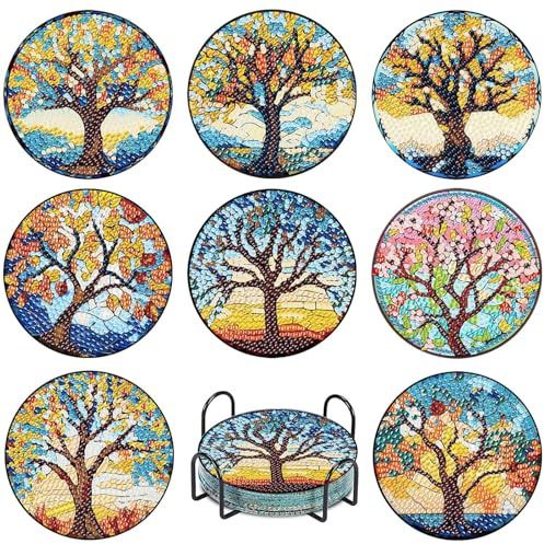 Manqyi 8 Stück Diamond Painting Untersetzer, Rund Magischer Baum DIY Untersetzer Serviertablett rutschfest für Tassen, Weingläser, Vasen und Heimküche