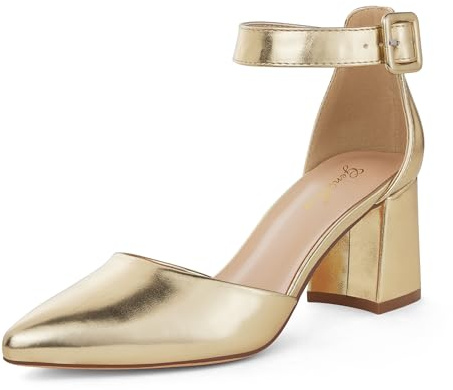 GENSHUO Zapatos de Mujer con Punta Cerrada, Tacón Bajo en Bloque de 6 cm, Correa al Tobillo, Cómodos para Trabajo y Fiestas, Oro, 37 EU