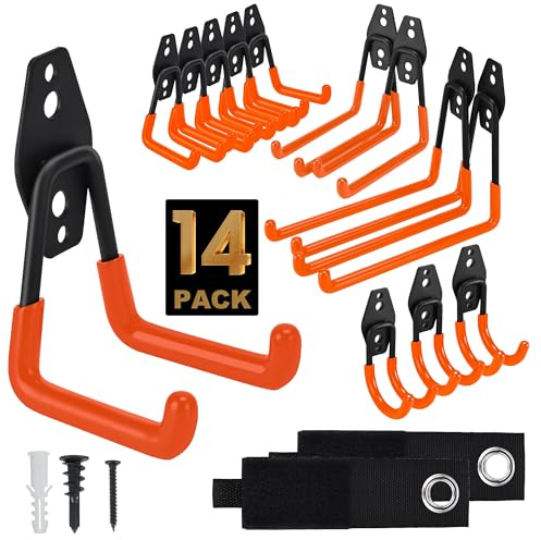 TECHSHARE Garage Hooks, 14 Pack Hook for Hanging Heavy Duty, 4 Sizes Shed Hooks for Garden Tools, Strimmer, Garage Storage(Orange)