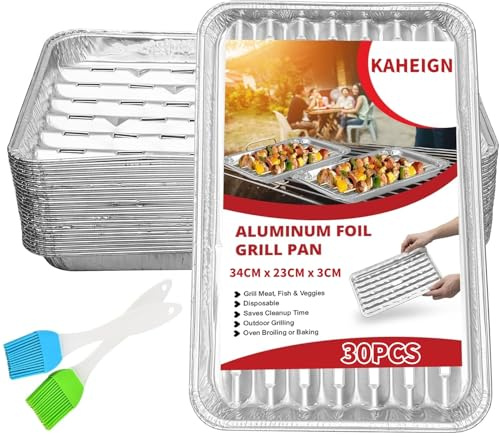 KAHEIGN 30 Piezas Bandejas Desechables para Barbacoa, 34CM x 23CM x 3CM Plato Perforadas de Aluminio para Asar a la Parrilla con Agujeros y Fondo Acanalado para Horno Carbón Barbacoa Asado Hornear