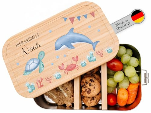 wunderwunsch - Personalisierte Brotdose für Kinder - Robuste und Individuelle Edelstahl Brotdose mit Namen - Personalisierte Geschenke für Kinder (Meerestiere Girlande, klein Edelstahl)