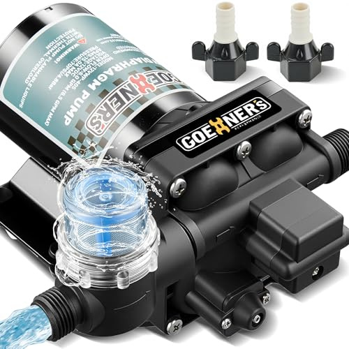 [Upgraded Version] RV Fresh Water Pump, 12V DC Water Pump, 6GPM 70PSI Self-Priming Diaphragm Pump with Pressure Switch and Strainer for RV, Marine, Yacht, Caravan (6GPM 70PSI) (Black)