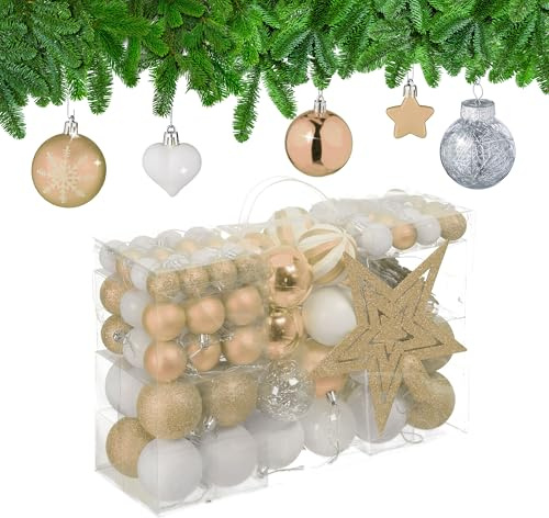 Relaxdays Weihnachtskugeln 101er Set, Kunststoff, Weihnachtsbaumdeko mit Kugeln & Spitze, Christbaumschmuck, Farbwahl | Weihnachtsbaumdeko Kugeln & Spitze, Christbaumschmuck