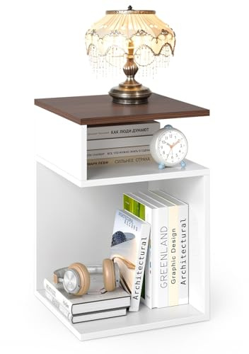 LIFEZEAL Beistelltisch S-Form, Multifunktionaler Sofatisch, Kleines Bücherregal mit 3 Etagen, Moderner Kaffeetisch Quadratisch für Wohnzimmer, Max 50 kg, 33 x 33 x 50 cm (1, Weiß + Braun)