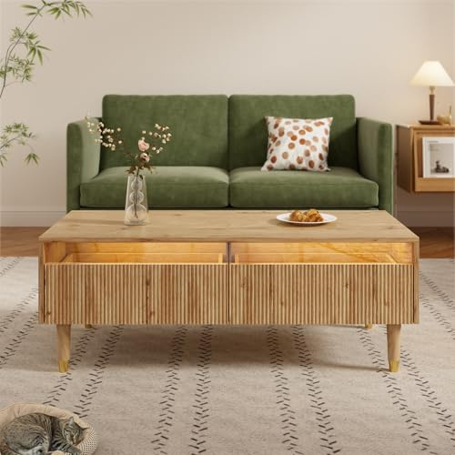 SogesHome LED Couchtisch mit 2 Schubladen und Wellenfront – 110x50x40 cm Wohnzimmertisch mit Massivholzbeinen & 7-Farbiger Beleuchtung, Modern Design (Holzfarbe)