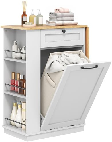 YITAHOME Laundry cabinet tilt out, Bathroom storage cabinet with drawer, Side storage and Extendable countertop, Tilt-out laundry basket Cabinet for hide away dirty clothes, 23.62 × 13.77 × 35 inch