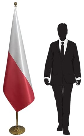 Bandera de Polonia con pie y mástil de acero inoxidable – utilizado en conferencias, eventos, ceremonias. Pie Ø 315 mm, acero inoxidable acabado dorado, hampa punta redonda. Código CN6-PL
