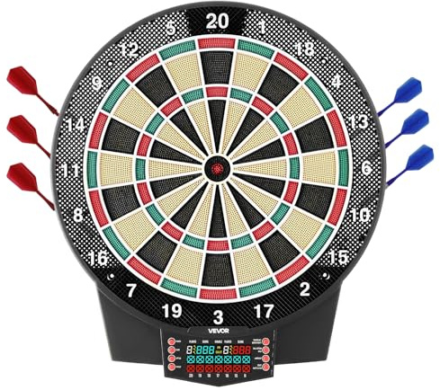 VEVOR Bersaglio Elettronico per Freccette, Bersaglio 391 mm con 43 Giochi e 320 Varianti per un Massimo di 8 Giocatori, 6 Aste per Freccette con Alette e 50 Punte Morbide, Schermo LED a Colori
