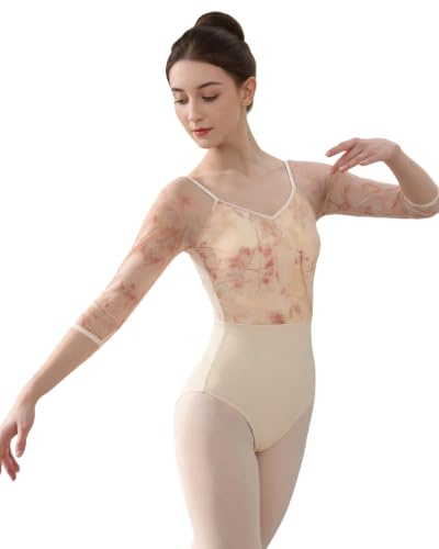 ROYAL SMEELA Damen Tanz Trikot mit V-Ausschnitt - Halbärmel Ballett Tanzbody für Frauen Sexy Druck Ballett Trikots mit bh