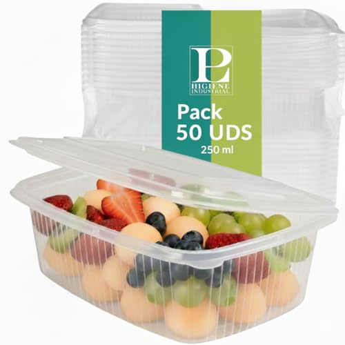 Prieto Larrey - Pack 50 Envases Reutilizables con Tapa Bisagra 250 ml - Resistentes y Duraderos - Tupper Apto para Microondas y Reciclable - Para Alimentos Calientes o Fríos