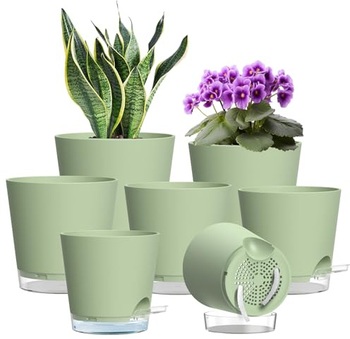 WSMKSZ 7 Pack Self Watering Plant Pots, 10 to 20cm Plastic Flower Pots | Planters Pots with Clear Reservoir, Visible Water Level & Drainage Holes, Cotton Wick, for Indoor Outdoor Plants, Green