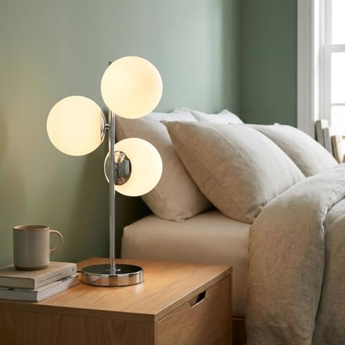 B·LED BARCELONA LED Lámpara de mesa ROM con triple esfera de cristal opalino Ø15cm, diseño moderno en plata, compatible con bombillas E27, ideal para salón, dormitorio, escritorio, oficina