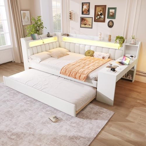 PUGSDRLY Canapé-lit Multifonctionnel, Lit de Jour Rembourré avec Lit Gigogne/Tiroirs, Bureau, éclairage LED, Ports USB, sans Matelas (Blanc-avec lit gigogne, 140 x 200 cm)