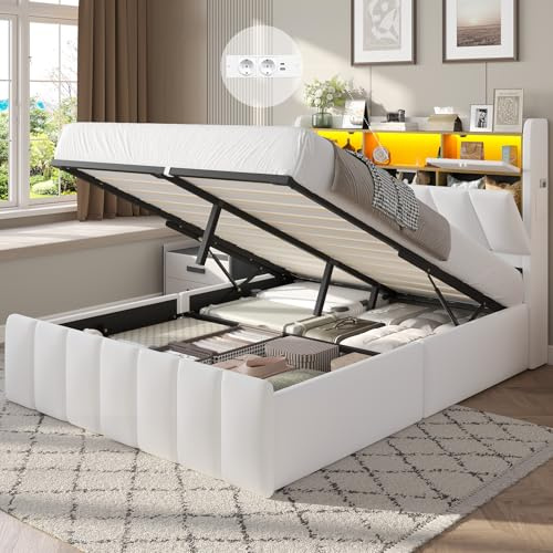DICTAC Bett 140x190 mit Lattenrost & LED Beleuchtung – Stauraumbett mit Bettkasten, Polsterkopfteil & USB Ladestation – Weißes Polsterbett 140x190, Doppelbett für Jugendliche & Erwachsene