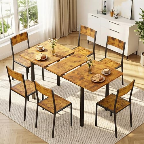 Xbro Set Tavolo e Sedie 6 Posti Allungabile, Tavolo da Pranzo con 6 Sedie, Salvaspazio, Struttura in Metallo Stabile, Facile da Montare, Cucina Soggiorno 110–140 cm