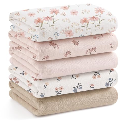 Bearmoss Mulltücher Baby 5 Stuick Bambus Baumwolle Spucktücher Baby,Atmungsaktiv und Saugfahig Weiche Musselintuicher,Zum Baden Abtrocknen und Reinigen von Neugeborenen 60 x 60cm(Rosa Blume