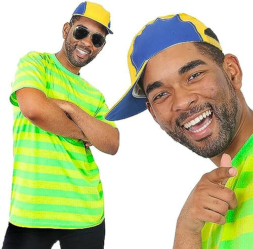 T-shirt à manches courtes rayé vert et jaune + casquette de baseball bleu et jaune + lunettes de soleil Bell Air Prince 90S Taille S
