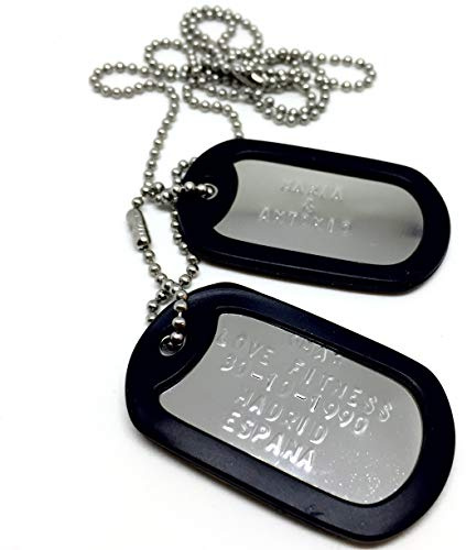 TusPlacas Chapas Militares Personalizadas de Acero Inox. Collar de Chapas Grabadas en Relieve. Colgante Grabado y Bolsita de Tela de Regalo (Negro, Acero BRILLANTE)