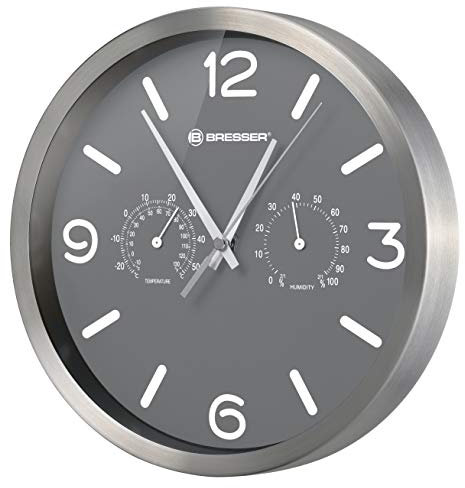Bresser Funkuhr Wanduhr MyTime ND Thermo-Hygro mit geräuschlosem Funkuhrwerk, Edelstahlrahmen und Anzeige für Temperatur und Luftfeuchtigkeit, Grau, 250x250mm
